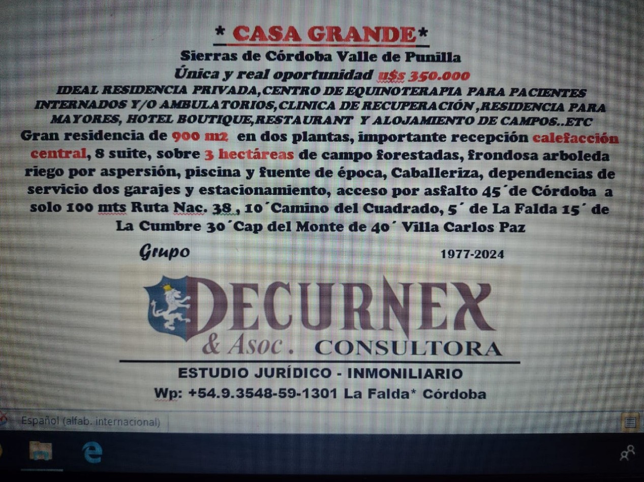 Venta Casona de 8 habitaciones en Casa Grande. Sierras de Cordoba - Valle de Punilla. 